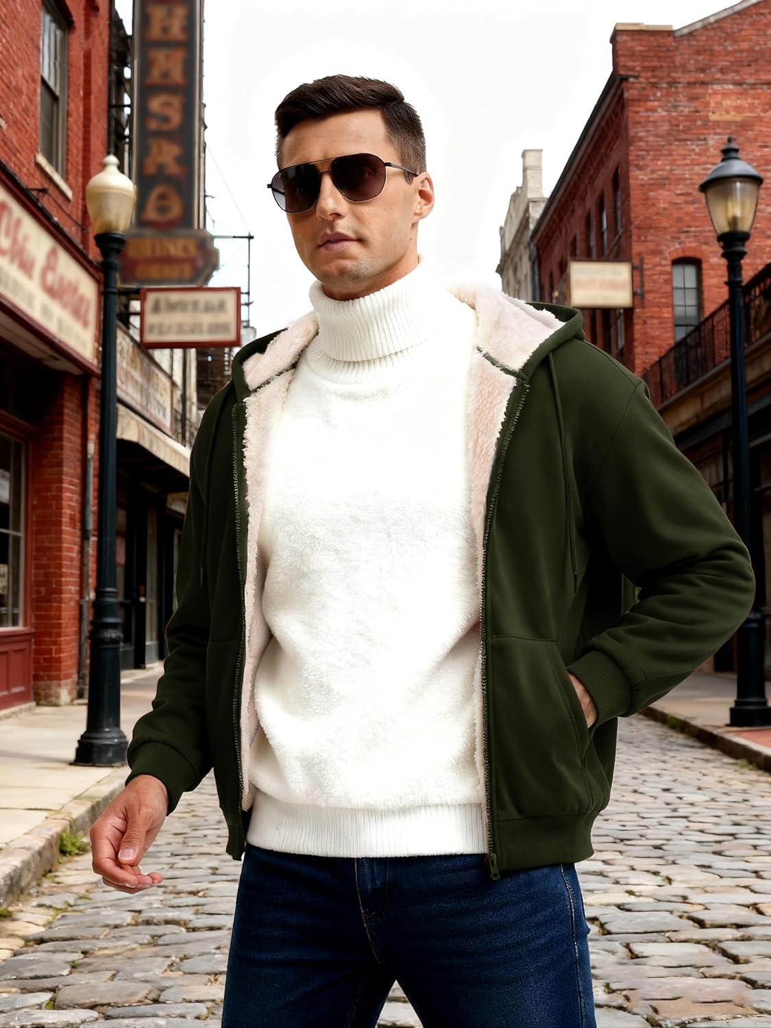 imageMAGCOMSEN Mens Zip Up Hoodie Sherpa Lined Hooded Sweatshirt Winter Heavyweight Hoodies Warm Thick Fleece JacketArmy Green