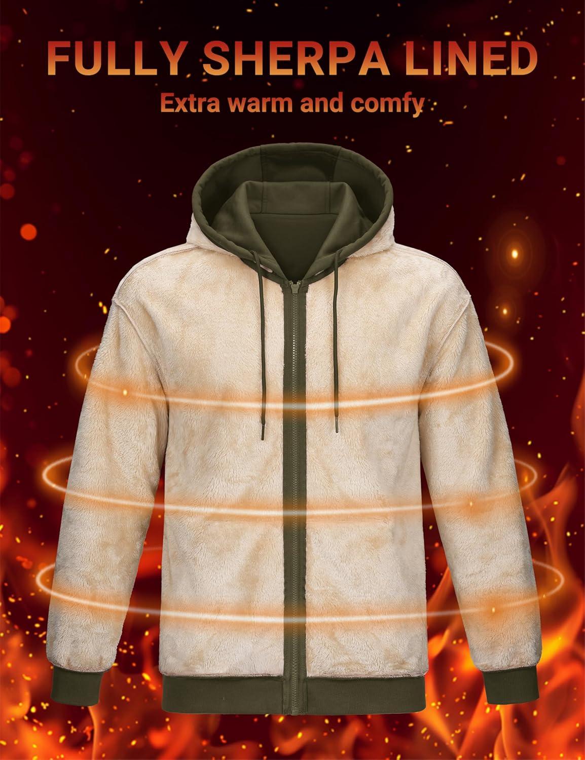 imageMAGCOMSEN Mens Zip Up Hoodie Sherpa Lined Hooded Sweatshirt Winter Heavyweight Hoodies Warm Thick Fleece JacketArmy Green