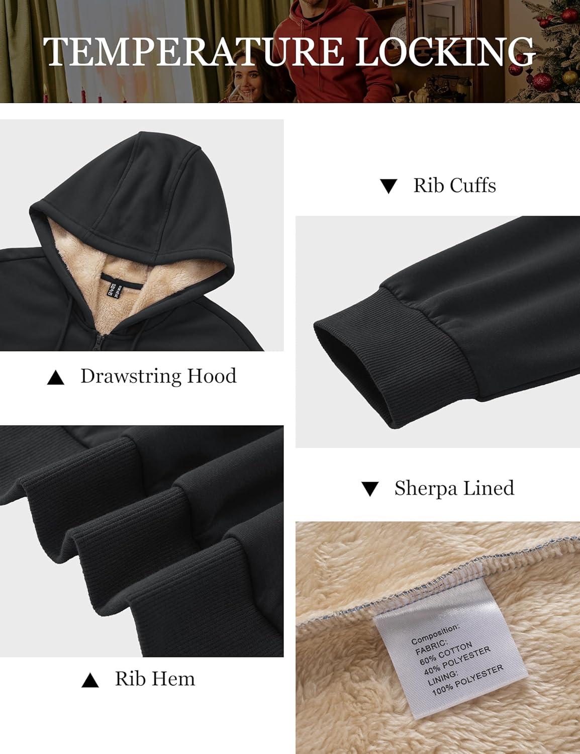 imageMAGCOMSEN Mens Zip Up Hoodie Sherpa Lined Hooded Sweatshirt Winter Heavyweight Hoodies Warm Thick Fleece JacketBlack