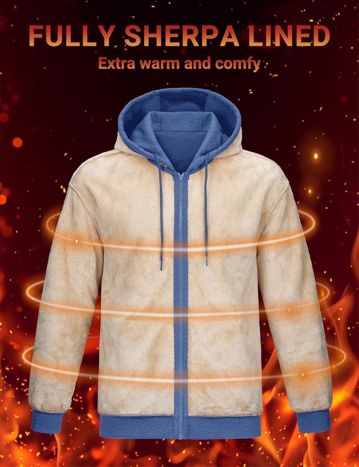 imageMAGCOMSEN Mens Zip Up Hoodie Sherpa Lined Hooded Sweatshirt Winter Heavyweight Hoodies Warm Thick Fleece JacketGray Blue