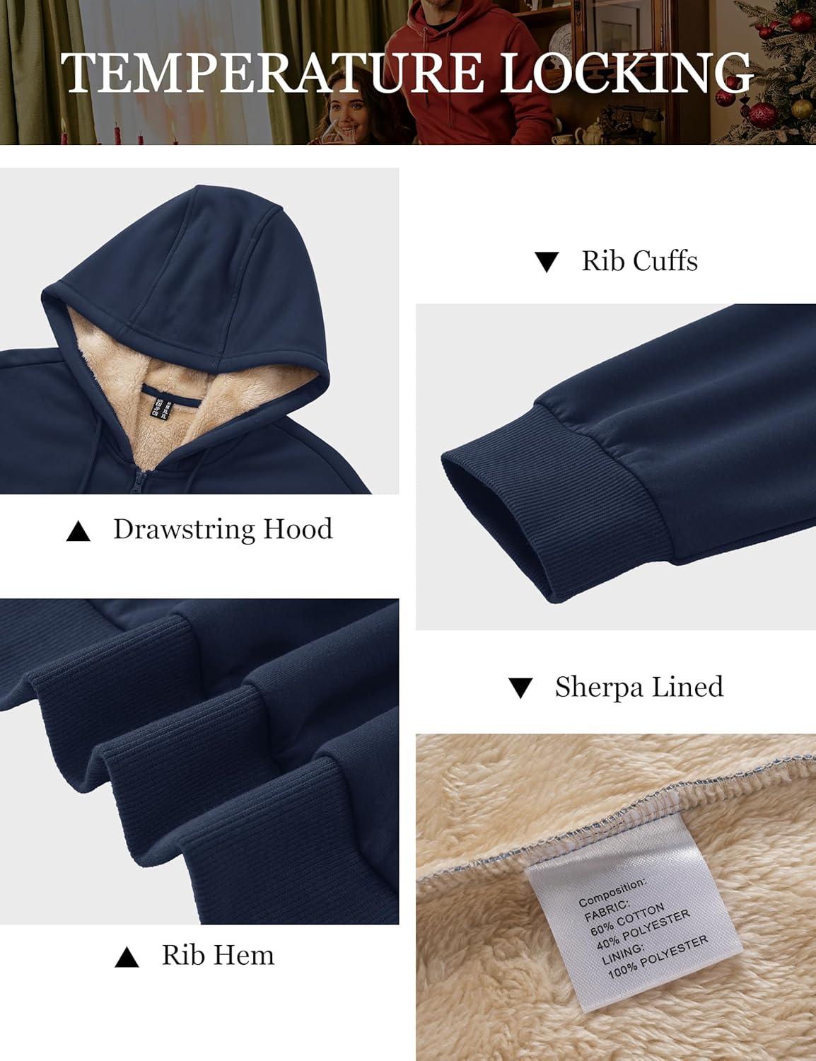 imageMAGCOMSEN Mens Zip Up Hoodie Sherpa Lined Hooded Sweatshirt Winter Heavyweight Hoodies Warm Thick Fleece JacketNavy