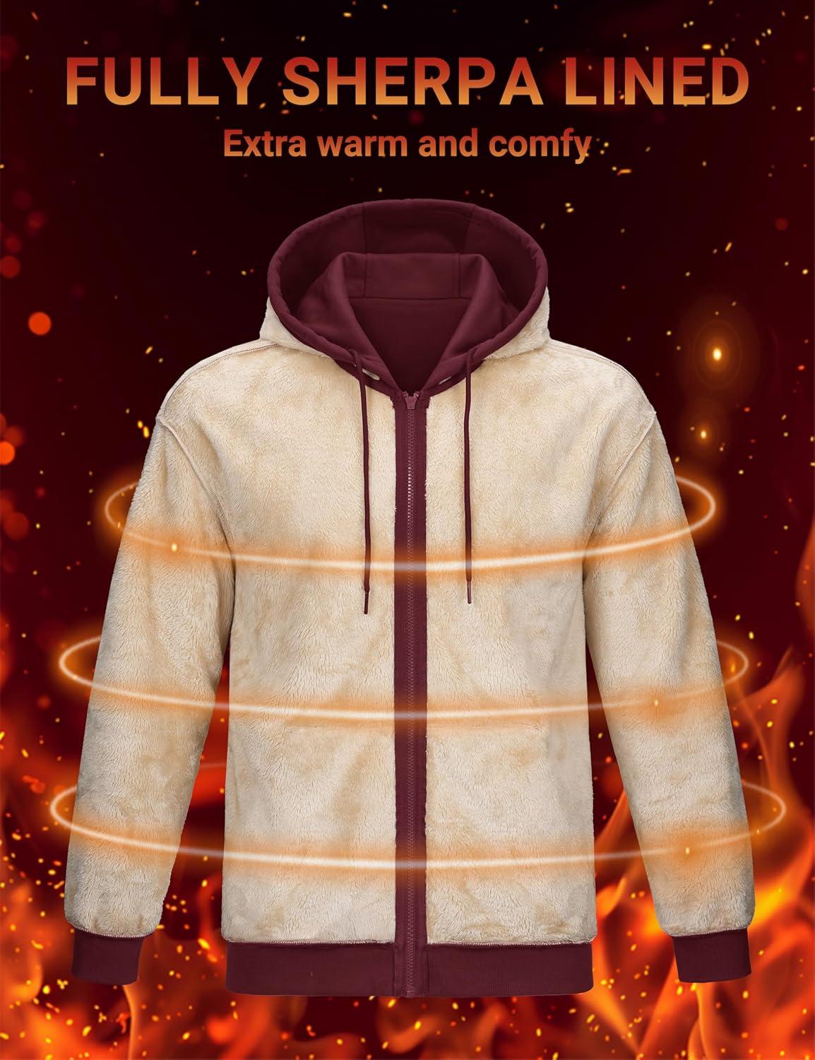 imageMAGCOMSEN Mens Zip Up Hoodie Sherpa Lined Hooded Sweatshirt Winter Heavyweight Hoodies Warm Thick Fleece JacketWine Red