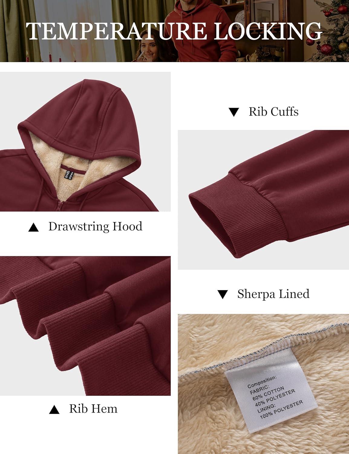 imageMAGCOMSEN Mens Zip Up Hoodie Sherpa Lined Hooded Sweatshirt Winter Heavyweight Hoodies Warm Thick Fleece JacketWine Red