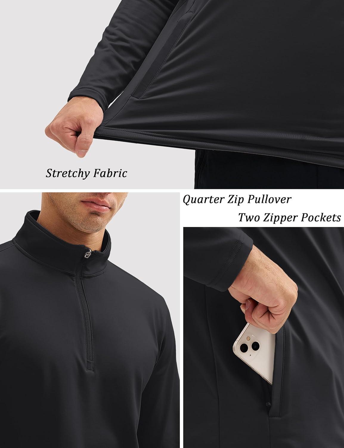 imageMAGCOMSEN Quarter Zip Pullover Men 14 Zip Golf Jacket Fleece Lined Water Resistant Sweatshirt 2 Zipper Pockets WinterBlack
