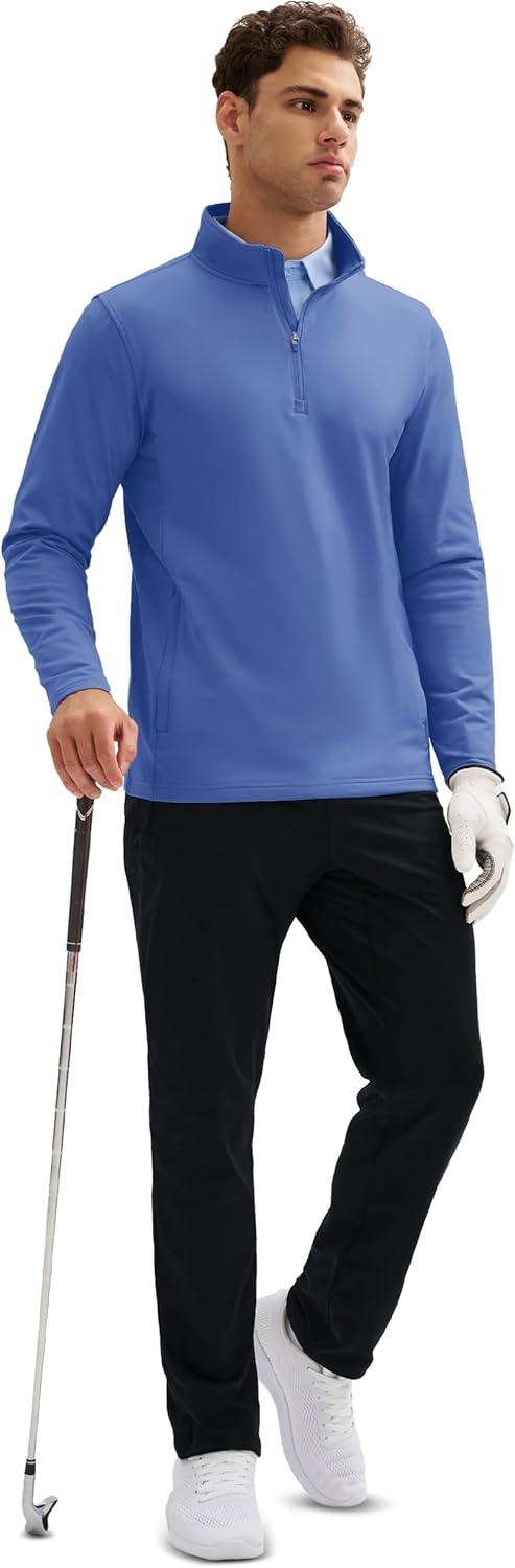 imageMAGCOMSEN Quarter Zip Pullover Men 14 Zip Golf Jacket Fleece Lined Water Resistant Sweatshirt 2 Zipper Pockets WinterBluegrey