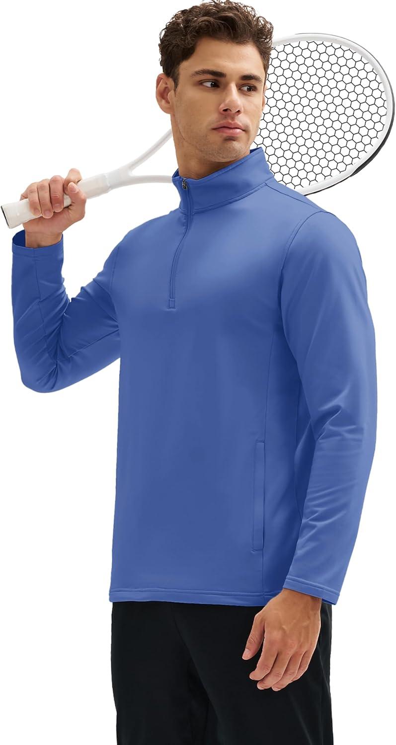 imageMAGCOMSEN Quarter Zip Pullover Men 14 Zip Golf Jacket Fleece Lined Water Resistant Sweatshirt 2 Zipper Pockets WinterBluegrey