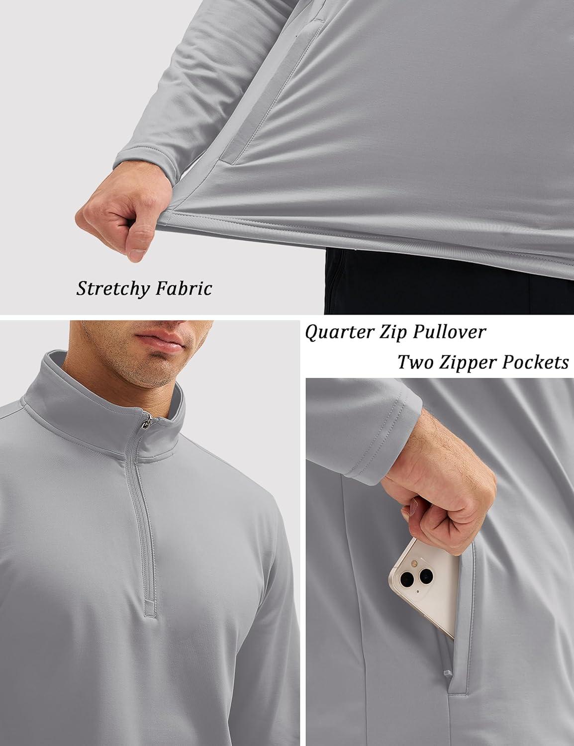 imageMAGCOMSEN Quarter Zip Pullover Men 14 Zip Golf Jacket Fleece Lined Water Resistant Sweatshirt 2 Zipper Pockets WinterLightgrey