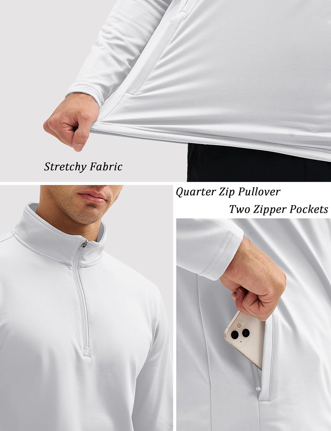 imageMAGCOMSEN Quarter Zip Pullover Men 14 Zip Golf Jacket Fleece Lined Water Resistant Sweatshirt 2 Zipper Pockets WinterWhite