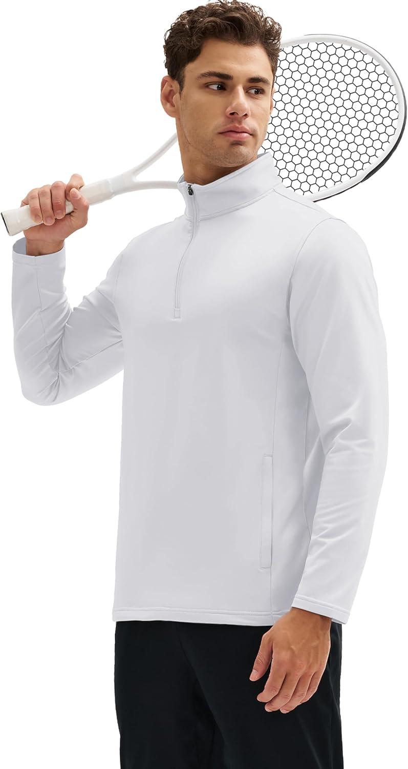 imageMAGCOMSEN Quarter Zip Pullover Men 14 Zip Golf Jacket Fleece Lined Water Resistant Sweatshirt 2 Zipper Pockets WinterWhite