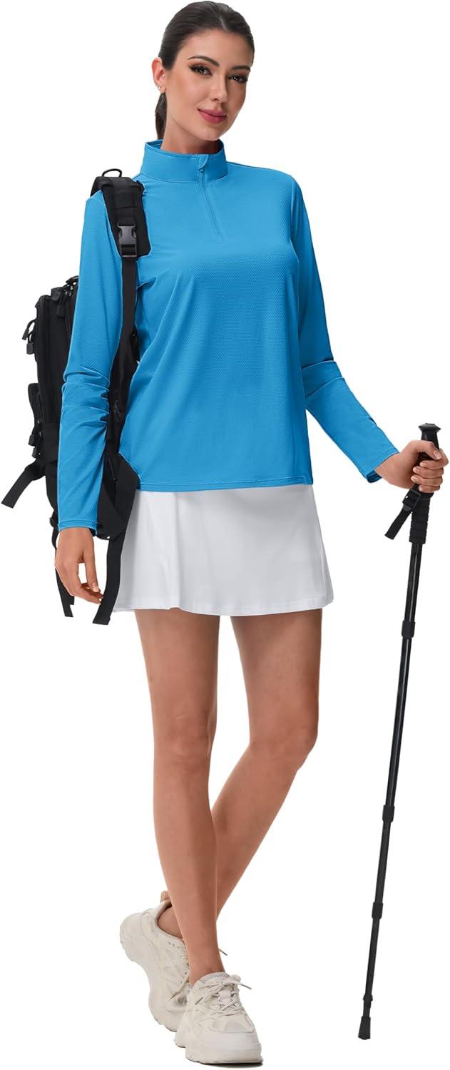 imageMAGCOMSEN Sun Long Protection Sleeve Zip Shirts Women Workout Pullover DryBlue Green