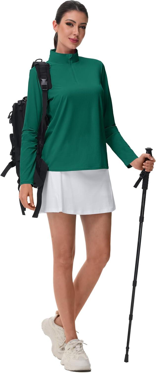 imageMAGCOMSEN Sun Long Protection Sleeve Zip Shirts Women Workout Pullover DryEmerald Green