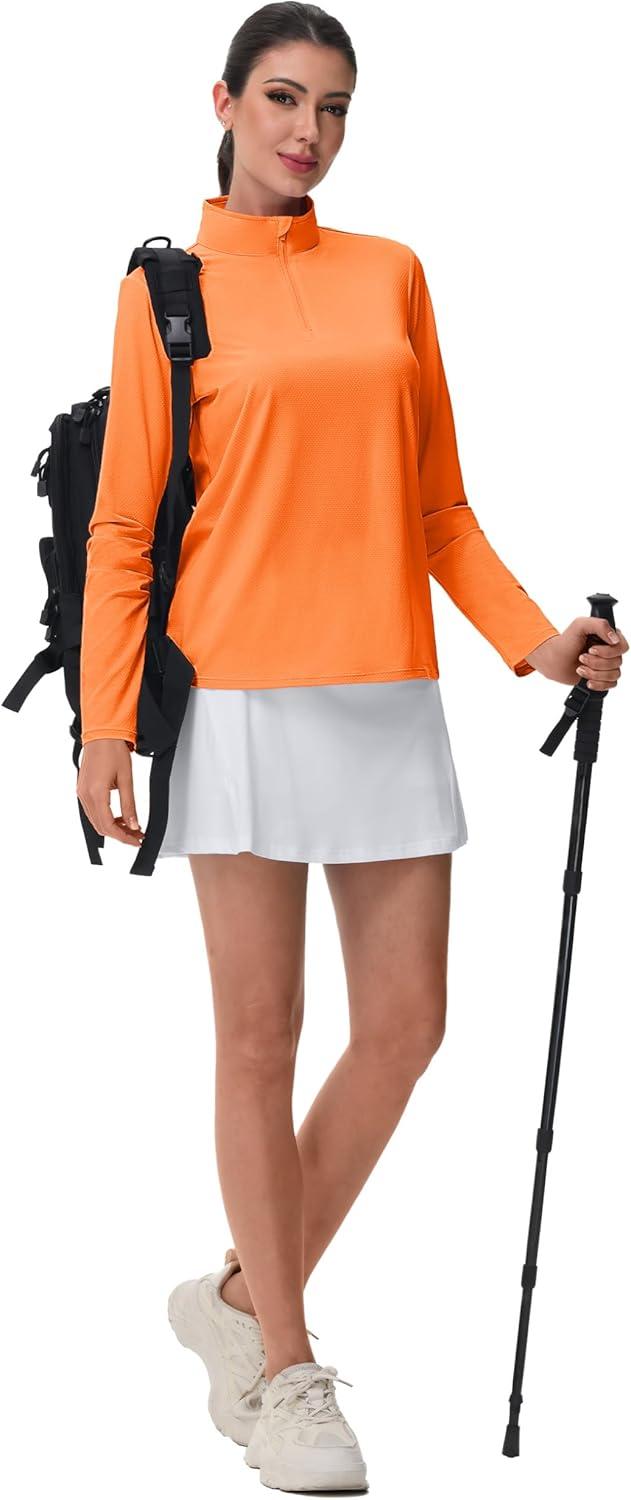imageMAGCOMSEN Sun Long Protection Sleeve Zip Shirts Women Workout Pullover DryFluorescent Orange