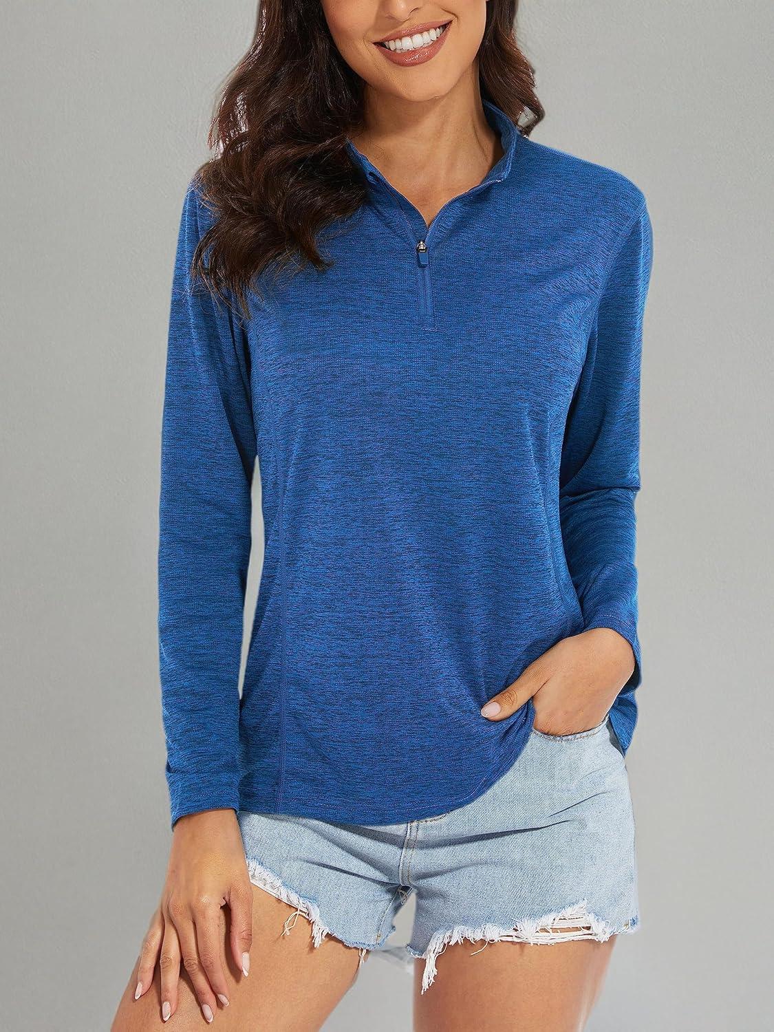 imageMAGCOMSEN Sun Long Protection Sleeve Zip Shirts Women Workout Pullover DryMedium Blue