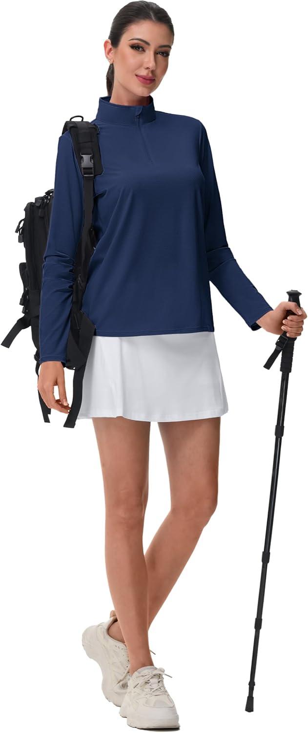imageMAGCOMSEN Sun Long Protection Sleeve Zip Shirts Women Workout Pullover DryNavy Blue