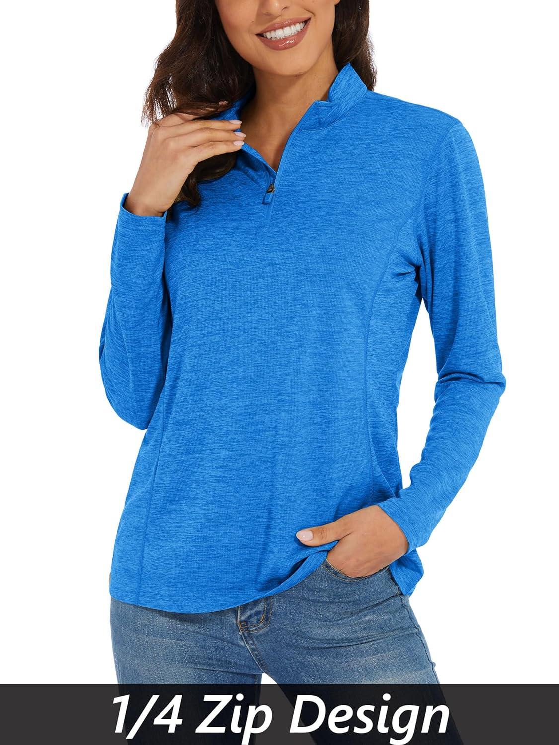 imageMAGCOMSEN Sun Long Protection Sleeve Zip Shirts Women Workout Pullover DrySea Blue