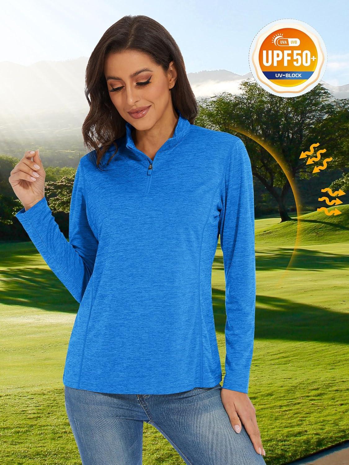 imageMAGCOMSEN Sun Long Protection Sleeve Zip Shirts Women Workout Pullover DrySea Blue