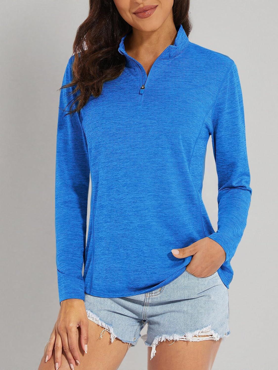imageMAGCOMSEN Sun Long Protection Sleeve Zip Shirts Women Workout Pullover DrySea Blue