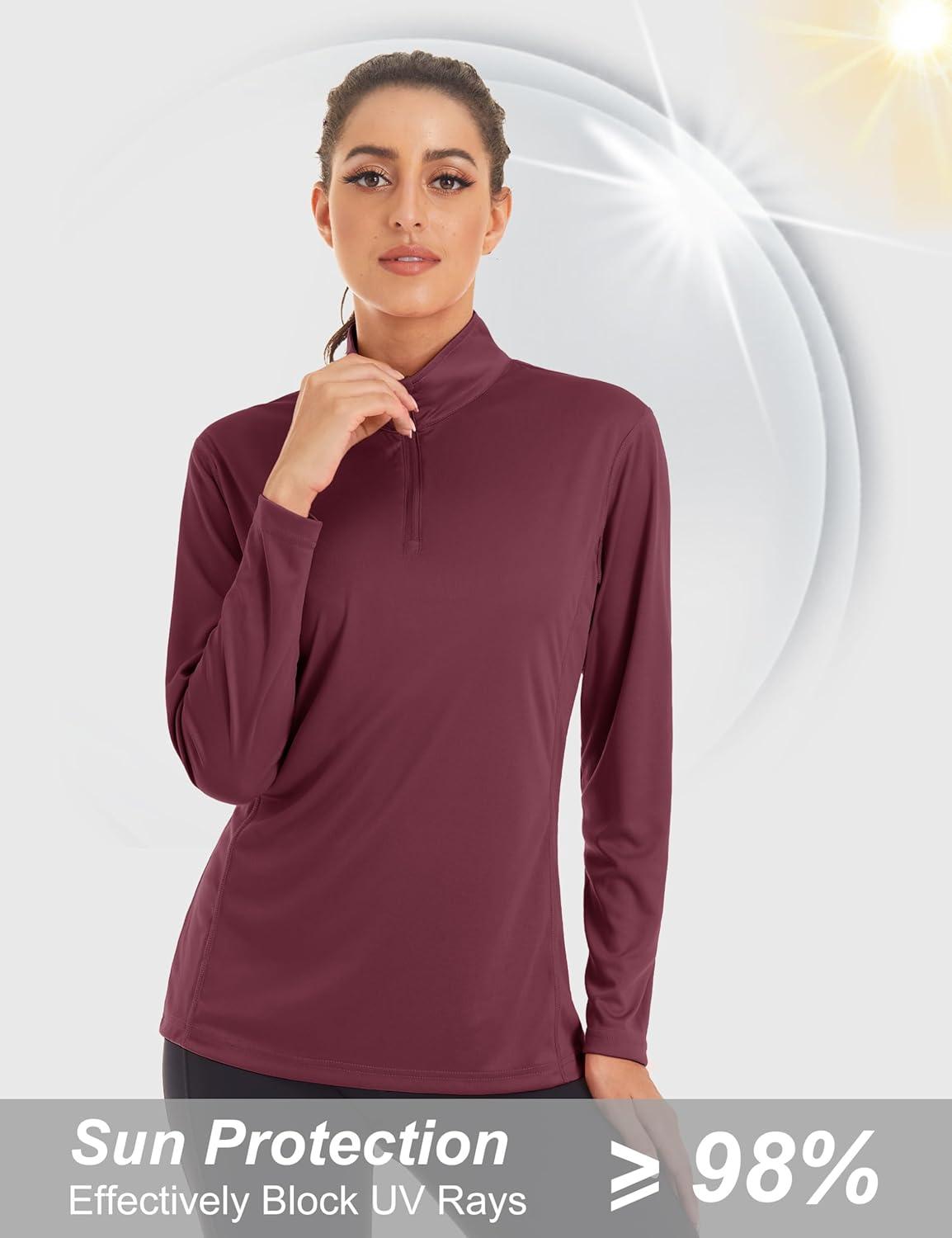 imageMAGCOMSEN Sun Long Protection Sleeve Zip Shirts Women Workout Pullover DryWine Red