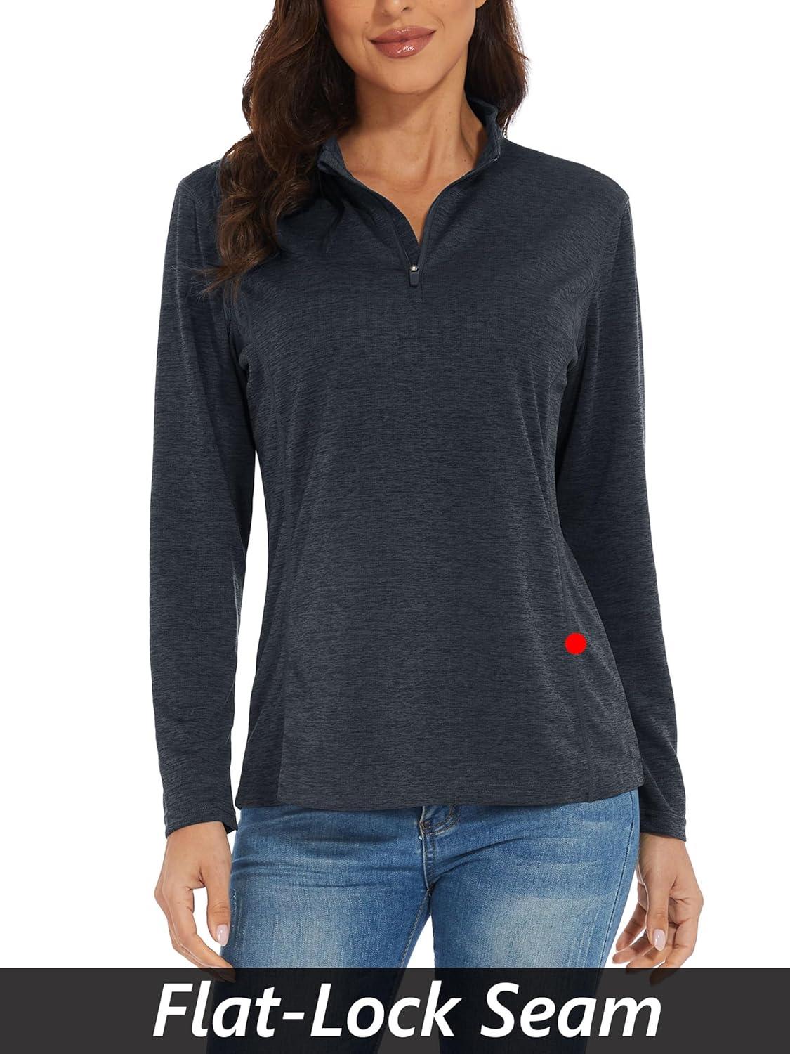 imageMAGCOMSEN Womens Long Sleeve Shirts 14 Zip Pullover UPF 50 Quick Dry Workout Tops Running Athletic Hiking ShirtsBlack