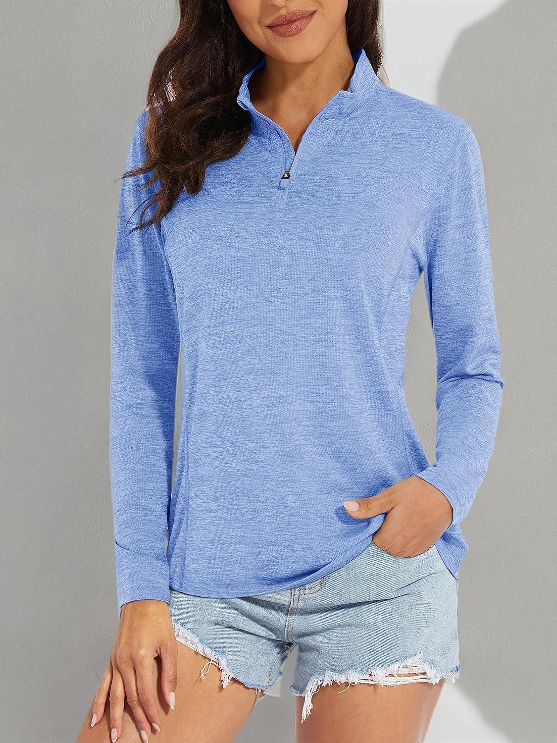 imageMAGCOMSEN Womens Long Sleeve Shirts 14 Zip Pullover UPF 50 Quick Dry Workout Tops Running Athletic Hiking ShirtsLight Blue
