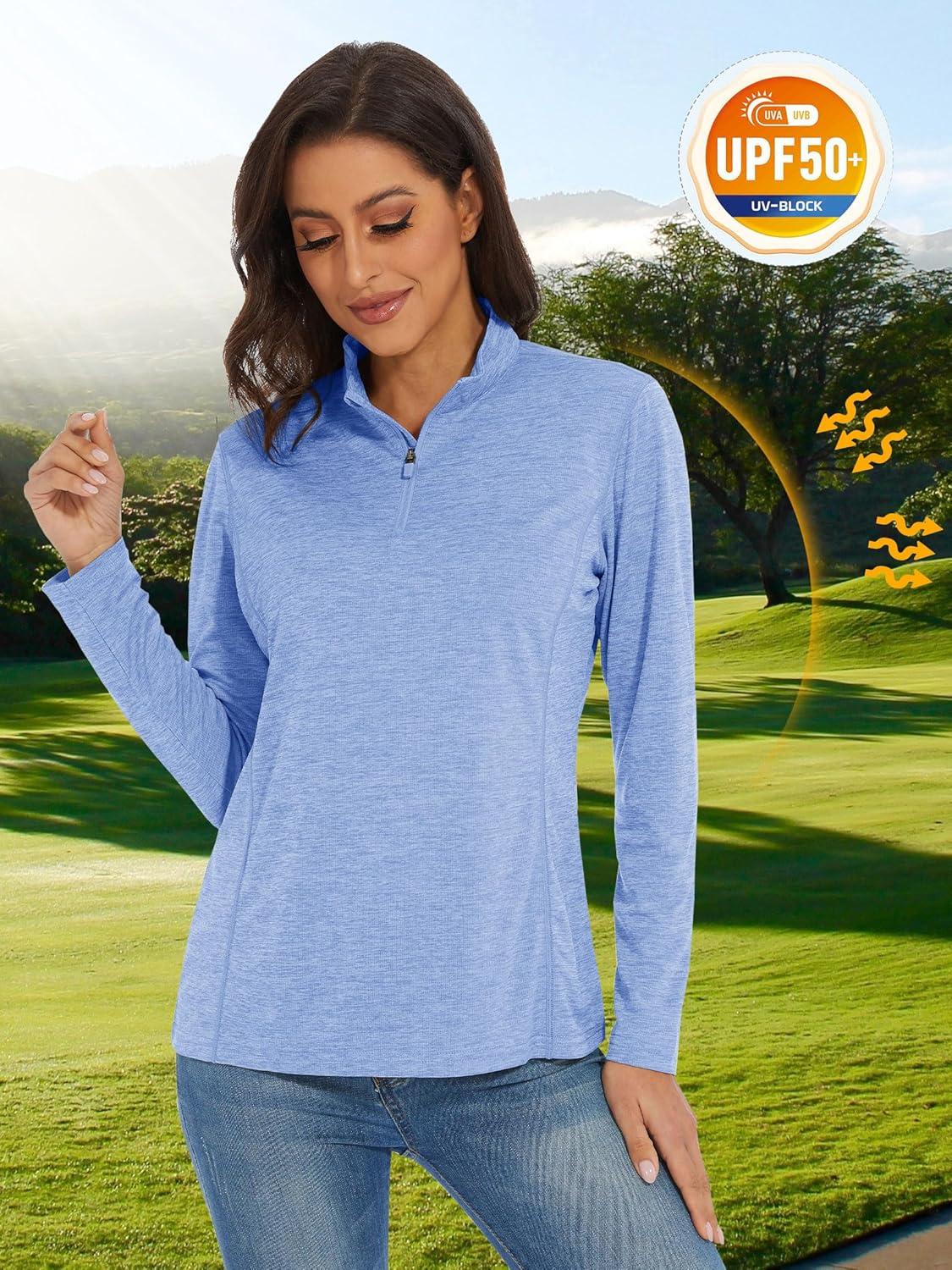 imageMAGCOMSEN Womens Long Sleeve Shirts 14 Zip Pullover UPF 50 Quick Dry Workout Tops Running Athletic Hiking ShirtsLight Blue