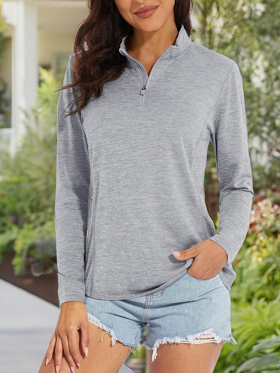 imageMAGCOMSEN Womens Long Sleeve Shirts 14 Zip Pullover UPF 50 Quick Dry Workout Tops Running Athletic Hiking ShirtsLight Grey