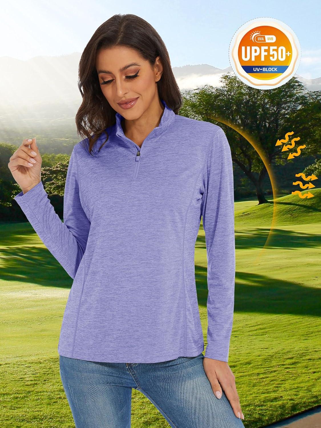 imageMAGCOMSEN Womens Long Sleeve Shirts 14 Zip Pullover UPF 50 Quick Dry Workout Tops Running Athletic Hiking ShirtsLight Purple