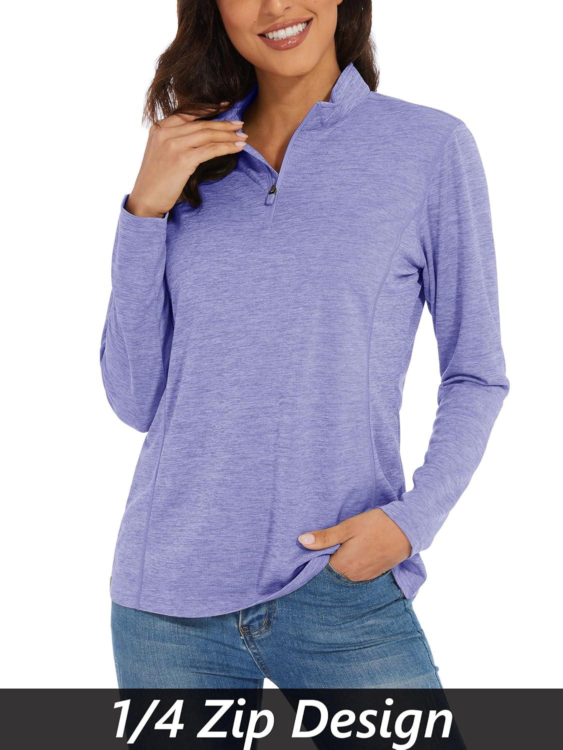imageMAGCOMSEN Womens Long Sleeve Shirts 14 Zip Pullover UPF 50 Quick Dry Workout Tops Running Athletic Hiking ShirtsLight Purple