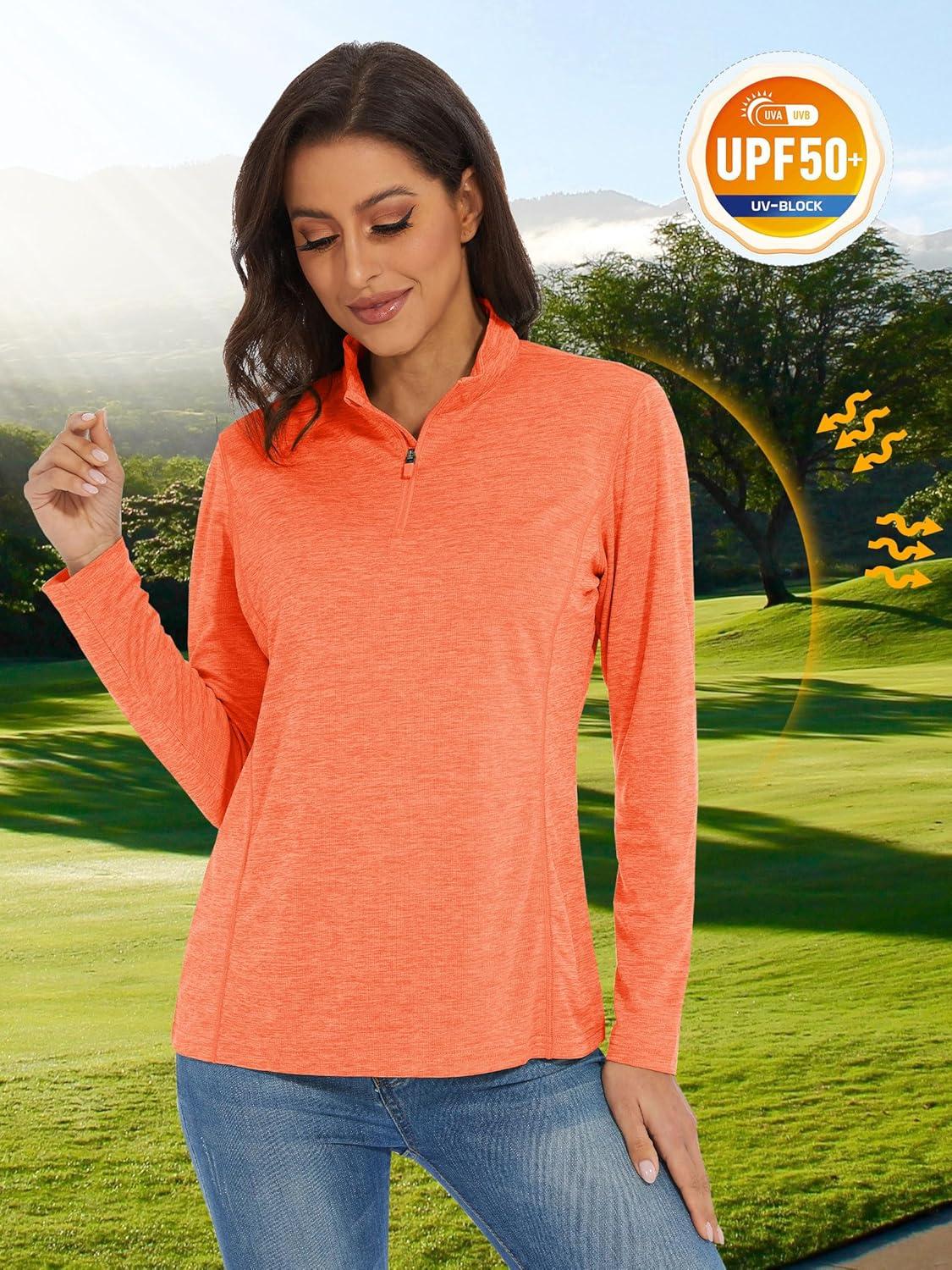 imageMAGCOMSEN Womens Long Sleeve Shirts 14 Zip Pullover UPF 50 Quick Dry Workout Tops Running Athletic Hiking ShirtsOrange