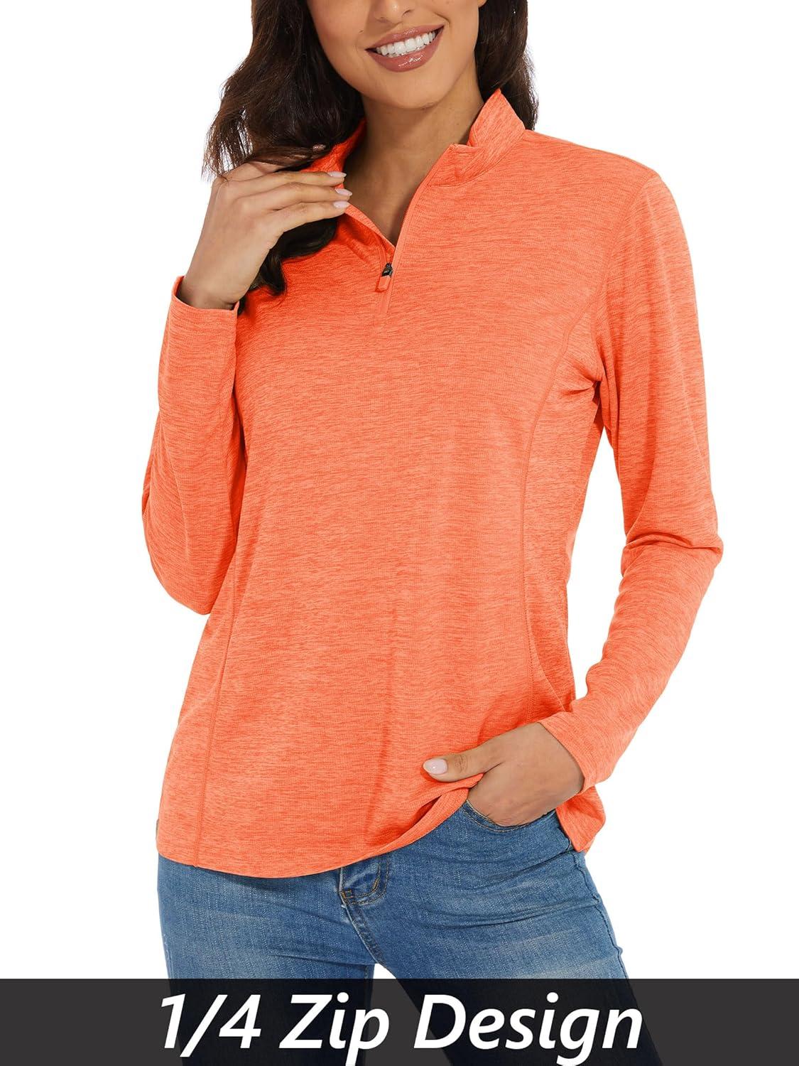 imageMAGCOMSEN Womens Long Sleeve Shirts 14 Zip Pullover UPF 50 Quick Dry Workout Tops Running Athletic Hiking ShirtsOrange