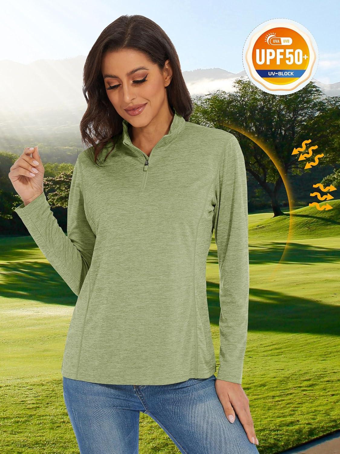 imageMAGCOMSEN Womens Long Sleeve Shirts 14 Zip Pullover UPF 50 Quick Dry Workout Tops Running Athletic Hiking ShirtsWheat Green