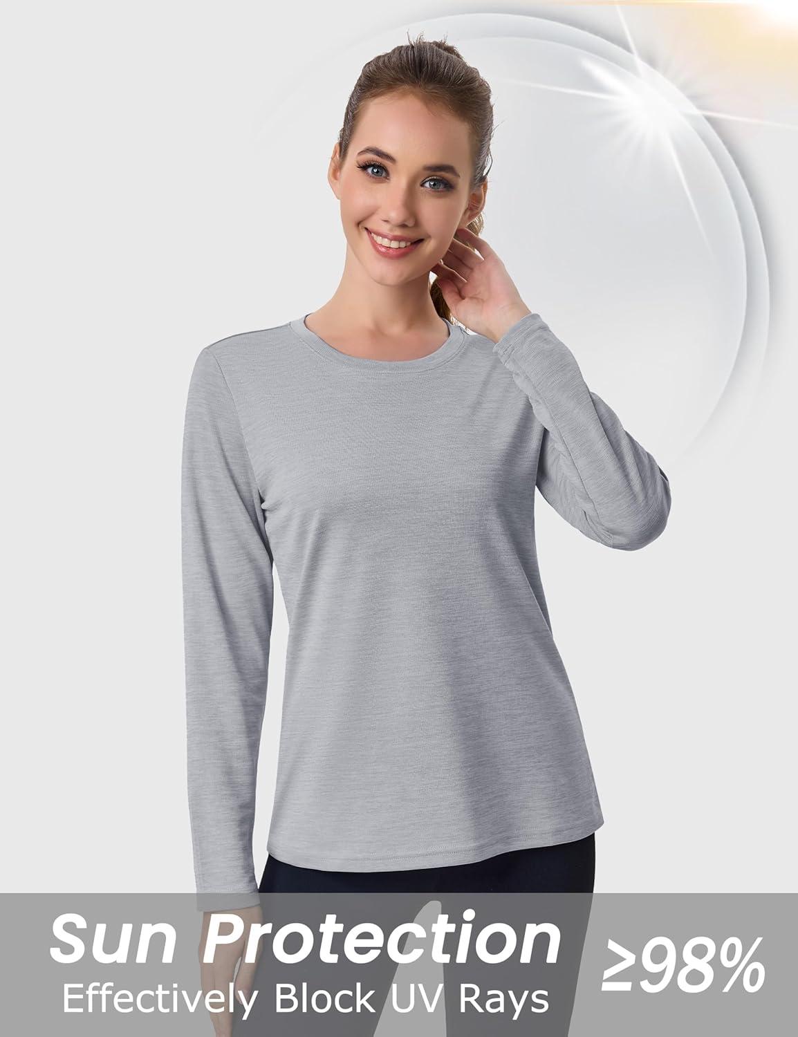 imageMAGCOMSEN Womens Long Sleeve Shirts UPF 50 Sun Protection Quick Dry Athletic Running Workout Tops Rash GuardLight Grey
