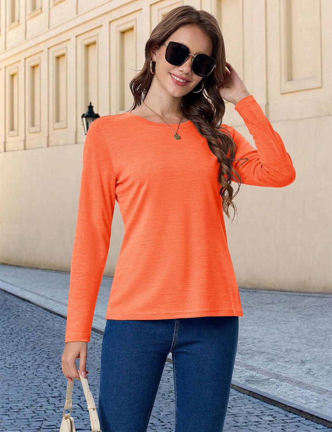 imageMAGCOMSEN Womens Long Sleeve Shirts UPF 50 Sun Protection Quick Dry Athletic Running Workout Tops Rash GuardOrange