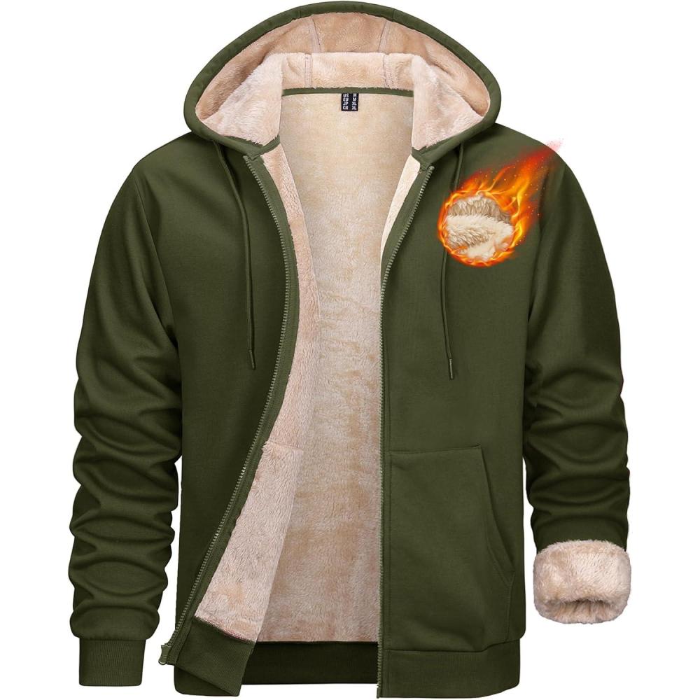imageMAGCOMSEN Mens Zip Up Hoodie Sherpa Lined Hooded Sweatshirt Winter Heavyweight Hoodies Warm Thick Fleece JacketArmy Green