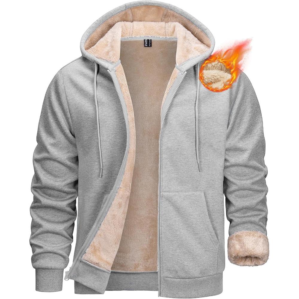imageMAGCOMSEN Mens Zip Up Hoodie Sherpa Lined Hooded Sweatshirt Winter Heavyweight Hoodies Warm Thick Fleece JacketLight Grey