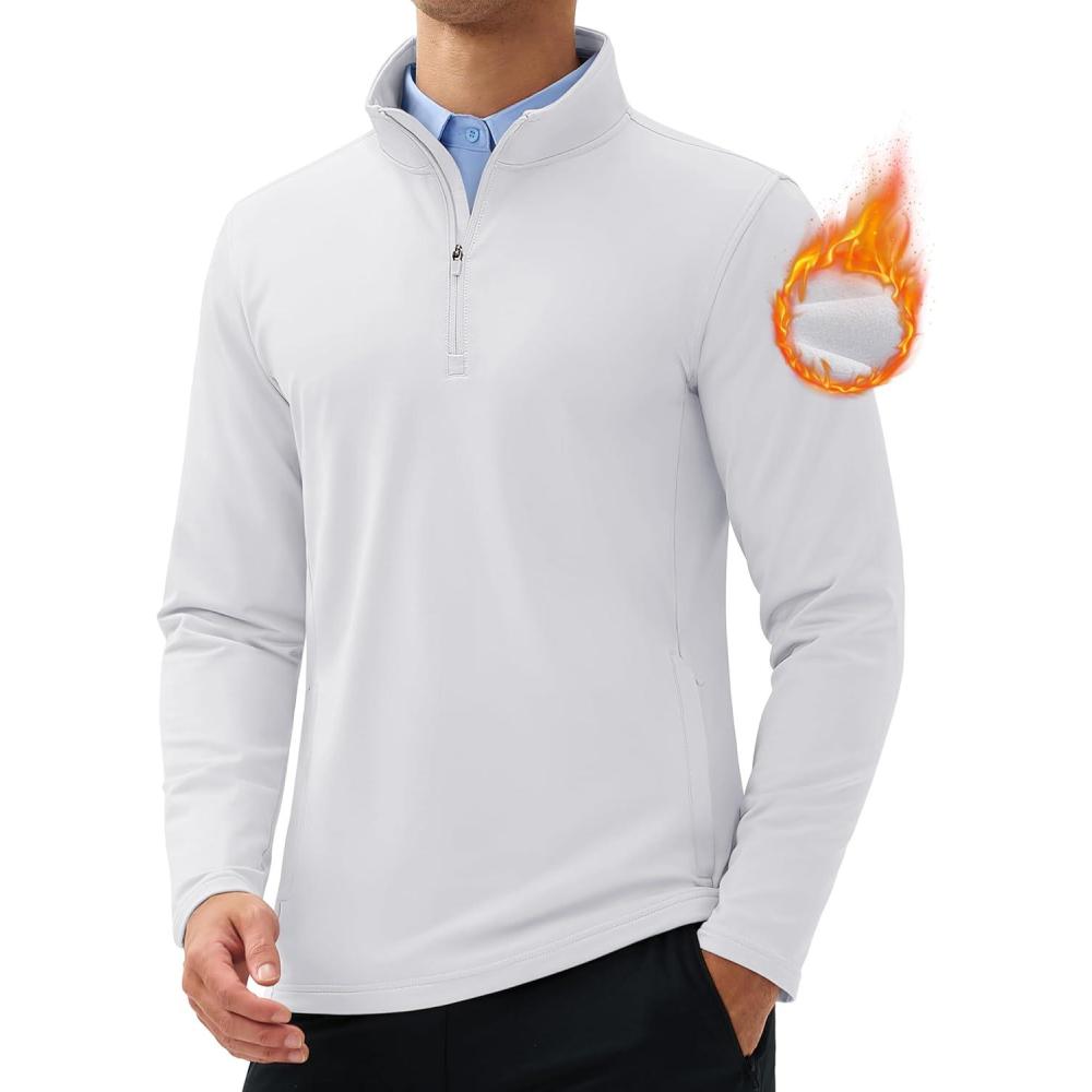 imageMAGCOMSEN Quarter Zip Pullover Men 14 Zip Golf Jacket Fleece Lined Water Resistant Sweatshirt 2 Zipper Pockets WinterWhite