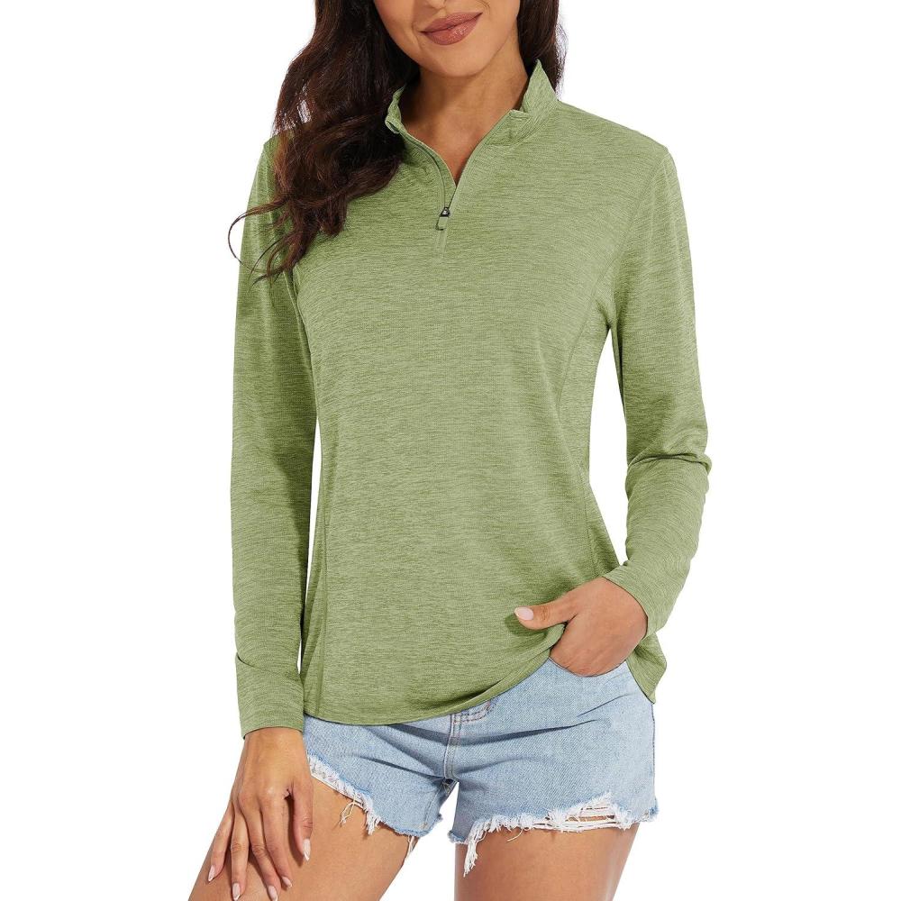 imageMAGCOMSEN Sun Long Protection Sleeve Zip Shirts Women Workout Pullover DryWheat Green