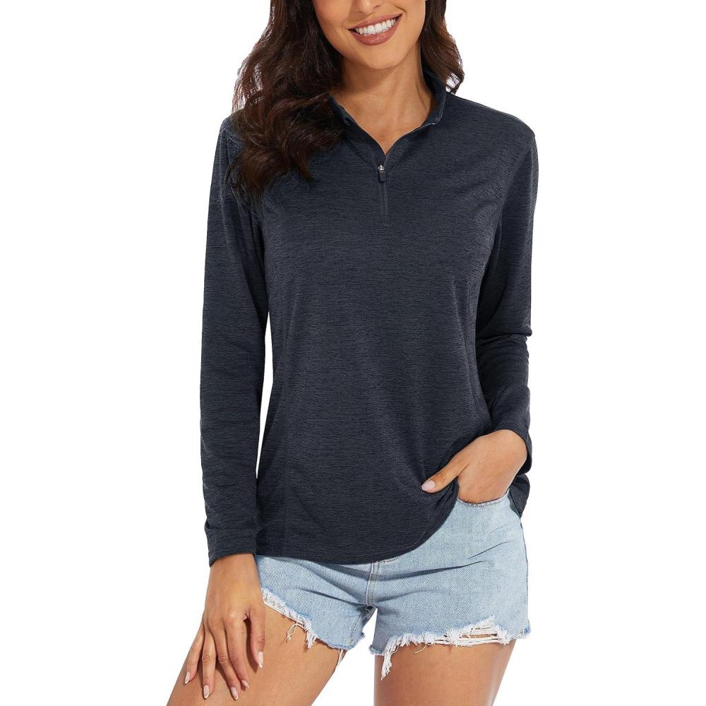 imageMAGCOMSEN Womens Long Sleeve Shirts 14 Zip Pullover UPF 50 Quick Dry Workout Tops Running Athletic Hiking ShirtsBlack