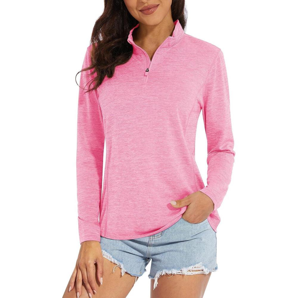 imageMAGCOMSEN Womens Long Sleeve Shirts 14 Zip Pullover UPF 50 Quick Dry Workout Tops Running Athletic Hiking ShirtsPink