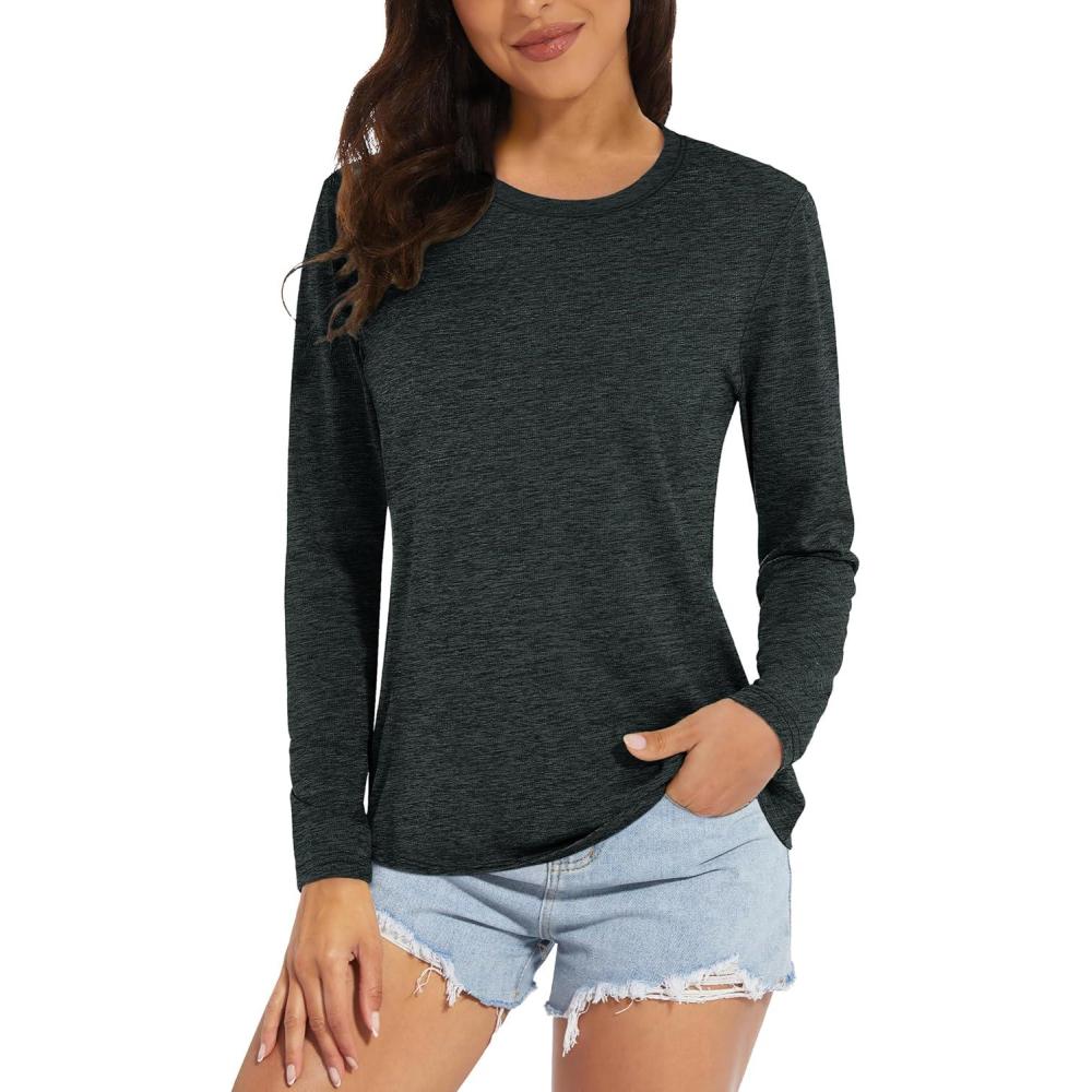 imageMAGCOMSEN Womens Long Sleeve Shirts UPF 50 Sun Protection Quick Dry Athletic Running Workout Tops Rash GuardBlack