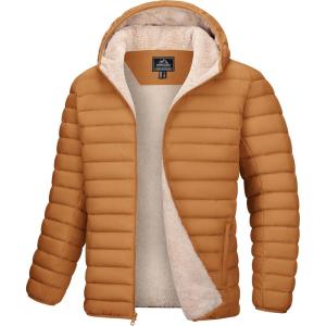 imageMAGCOMSEN Mens Puffer Jacket with Hood Fleece lined Warm Puffer Coats Water Resistant Down Jacket Zip Up Winter JacketsLightbrown