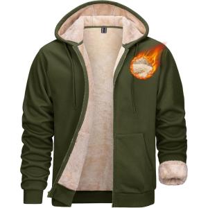 imageMAGCOMSEN Mens Zip Up Hoodie Sherpa Lined Hooded Sweatshirt Winter Heavyweight Hoodies Warm Thick Fleece JacketArmy Green