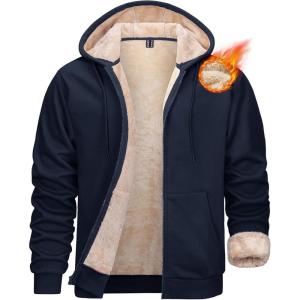imageMAGCOMSEN Mens Zip Up Hoodie Sherpa Lined Hooded Sweatshirt Winter Heavyweight Hoodies Warm Thick Fleece JacketNavy