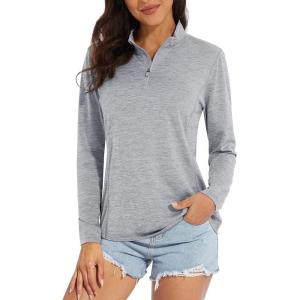 imageMAGCOMSEN Womens Long Sleeve Shirts 14 Zip Pullover UPF 50 Quick Dry Workout Tops Running Athletic Hiking ShirtsLight Grey