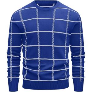 imageMAGCOMSEN Mens Crewneck Sweaters Cotton Lightweight Plaid Pullover Sweater Warm Casual Fall Winter SweatshirtsBlue