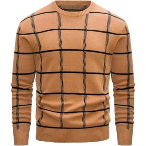 imageMAGCOMSEN Mens Crewneck Sweaters Cotton Lightweight Plaid Pullover Sweater Warm Casual Fall Winter SweatshirtsCamel