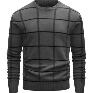 imageMAGCOMSEN Mens Crewneck Sweaters Cotton Lightweight Plaid Pullover Sweater Warm Casual Fall Winter SweatshirtsDark Grey