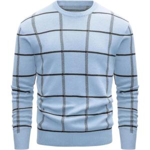 imageMAGCOMSEN Mens Crewneck Sweaters Cotton Lightweight Plaid Pullover Sweater Warm Casual Fall Winter SweatshirtsLight Blue