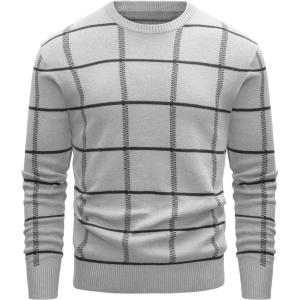 imageMAGCOMSEN Mens Crewneck Sweaters Cotton Lightweight Plaid Pullover Sweater Warm Casual Fall Winter SweatshirtsLight Grey