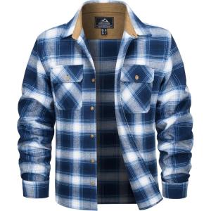 imageMAGCOMSEN Mens Flannel Shirts Long Sleeve Plaid Shirt Button Up Casual Shirts Lightweight Shirt Jacket with 2 PocketsBlue White